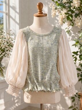 GiGio USA Smocked Tweed Style Blouse Sheer Balloon Sleeve Peplum Cottagecore